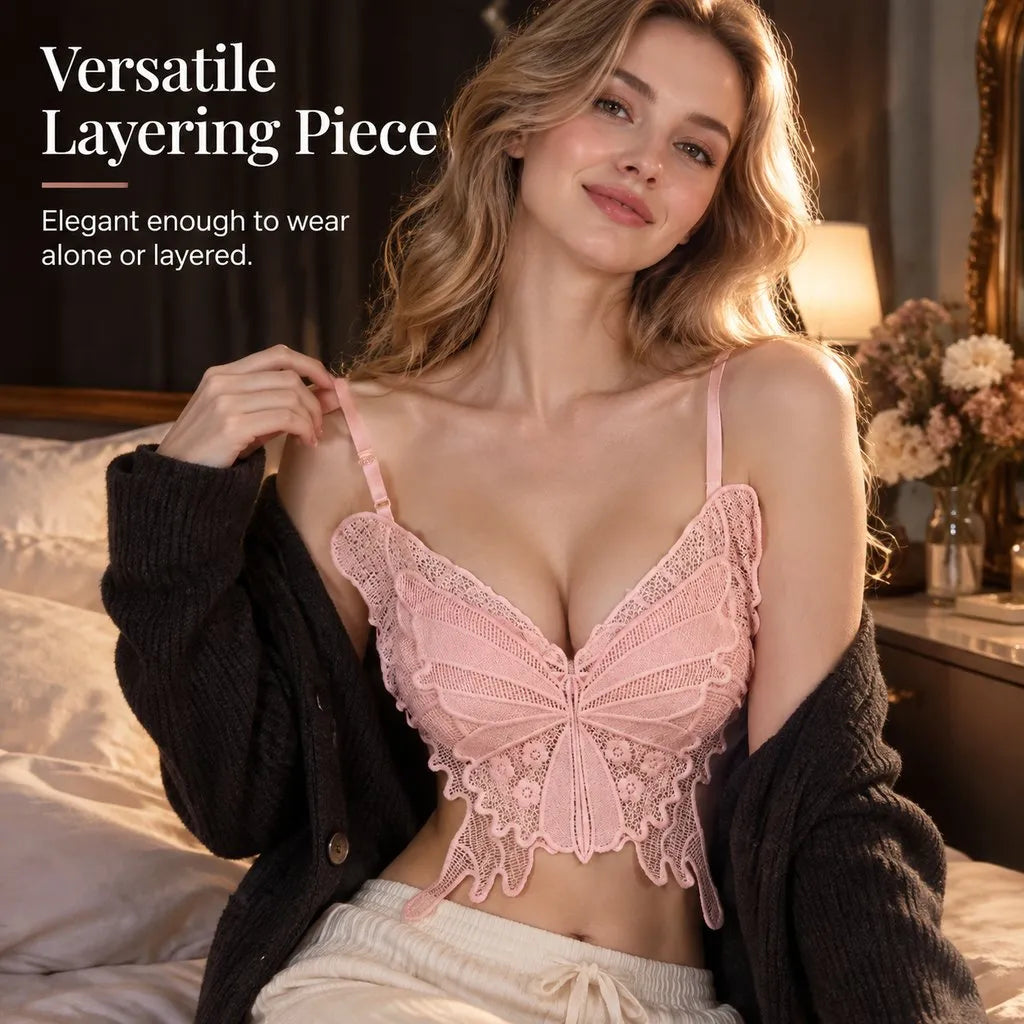 💥NEW HOT SALE 50%OFF💥French Romantic Butterfly Lace Wireless Bra Sexy Hollow Camisole with Integrated Cups
