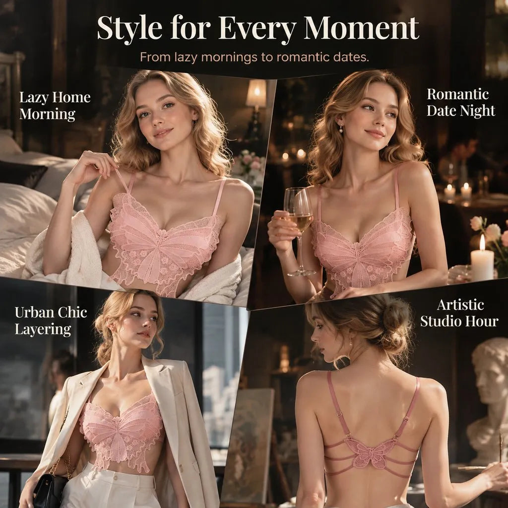 💥NEW HOT SALE 50%OFF💥French Romantic Butterfly Lace Wireless Bra Sexy Hollow Camisole with Integrated Cups