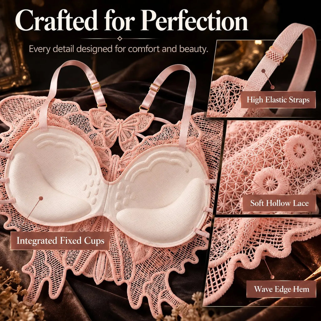 💥NEW HOT SALE 50%OFF💥French Romantic Butterfly Lace Wireless Bra Sexy Hollow Camisole with Integrated Cups
