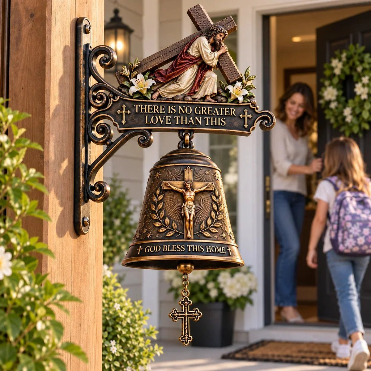 ✝️ Jesus Cross Christian Hanging Bell | God Bless This Home Rustic Faith-Inspired Door & Porch Decor