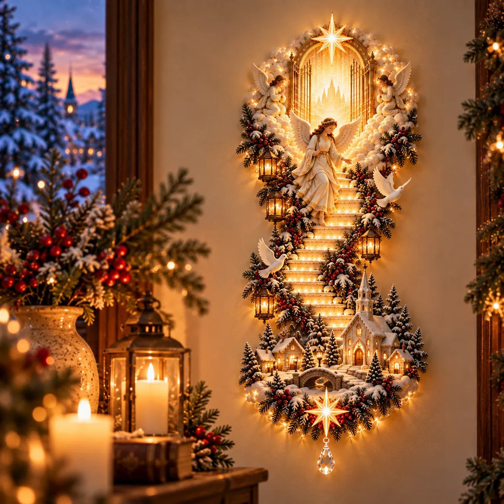 Jesus descending illuminated stairway beneath heavenly gates