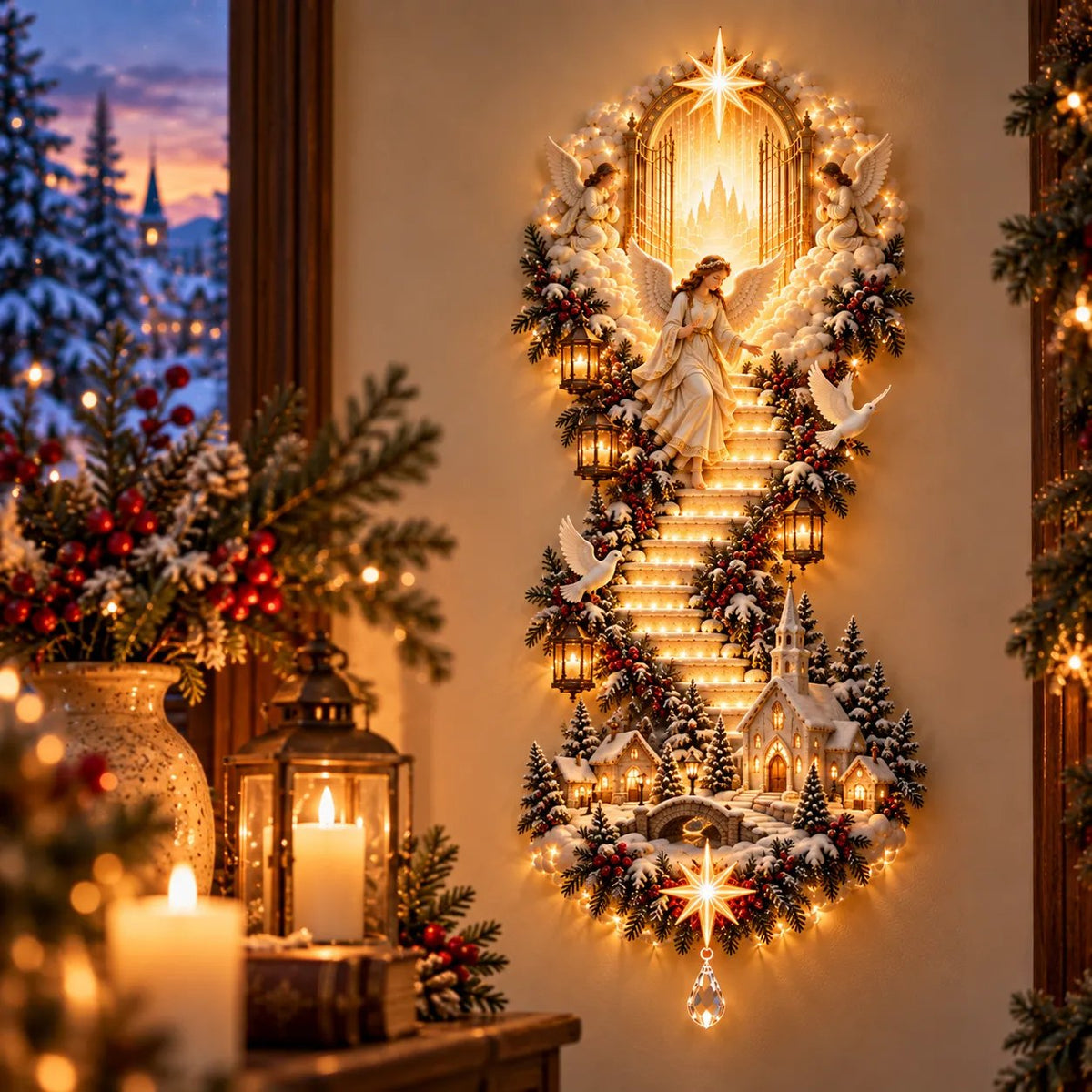 Jesus descending illuminated stairway beneath heavenly gates