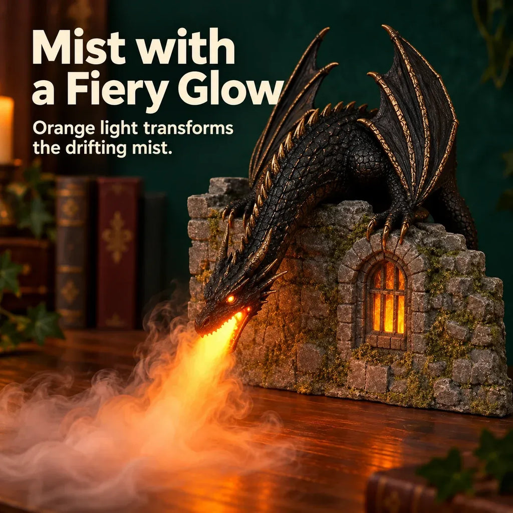 🐉 Dragon Book Nook Mist Maker with LED Light, Fantasy Castle Dragon Statue Decor, Smoke Breathing Dragon Figurine for Shelf Display