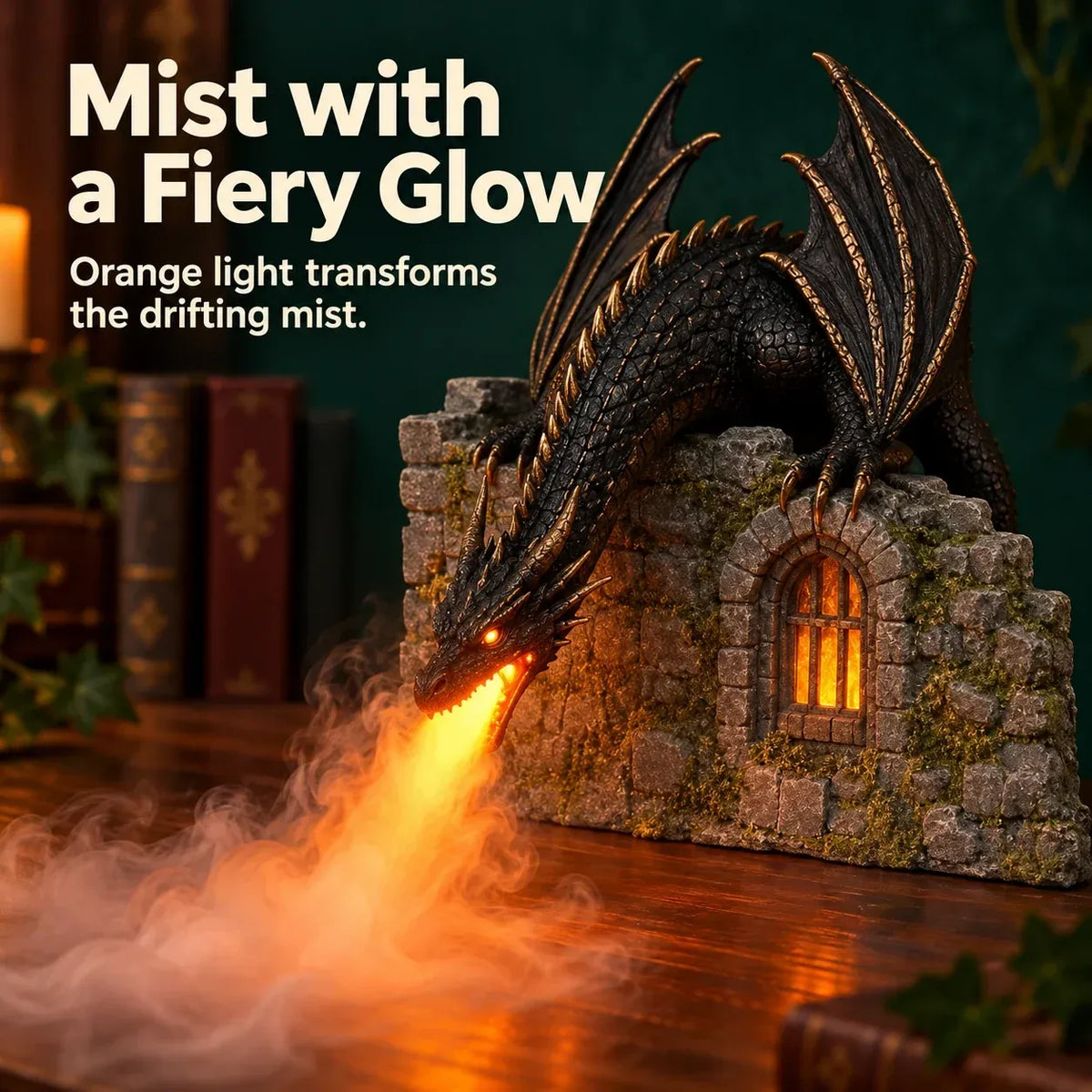 🐉 Dragon Book Nook Mist Maker with LED Light, Fantasy Castle Dragon Statue Decor, Smoke Breathing Dragon Figurine for Shelf Display