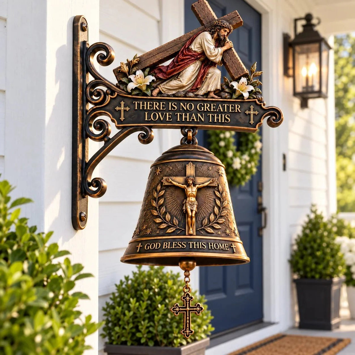 ✝️ Jesus Cross Christian Hanging Bell | God Bless This Home Rustic Faith-Inspired Door & Porch Decor
