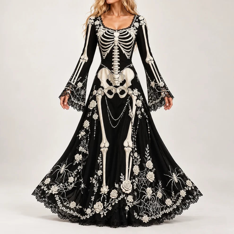 Skeleton & Rose Halloween Maxi Dress