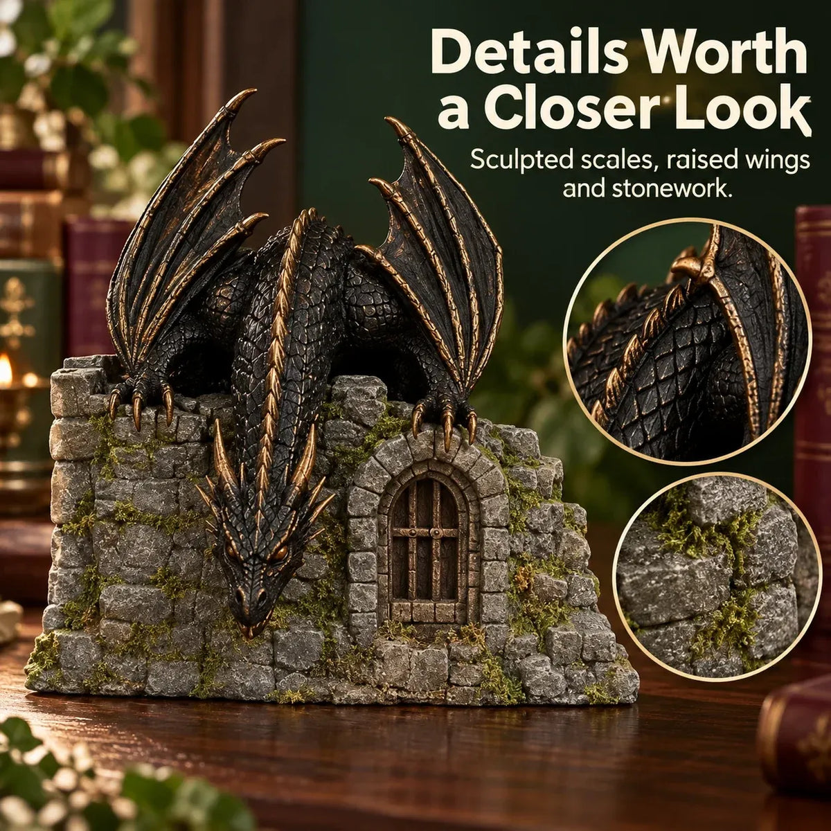 🐉 Dragon Book Nook Mist Maker with LED Light, Fantasy Castle Dragon Statue Decor, Smoke Breathing Dragon Figurine for Shelf Display