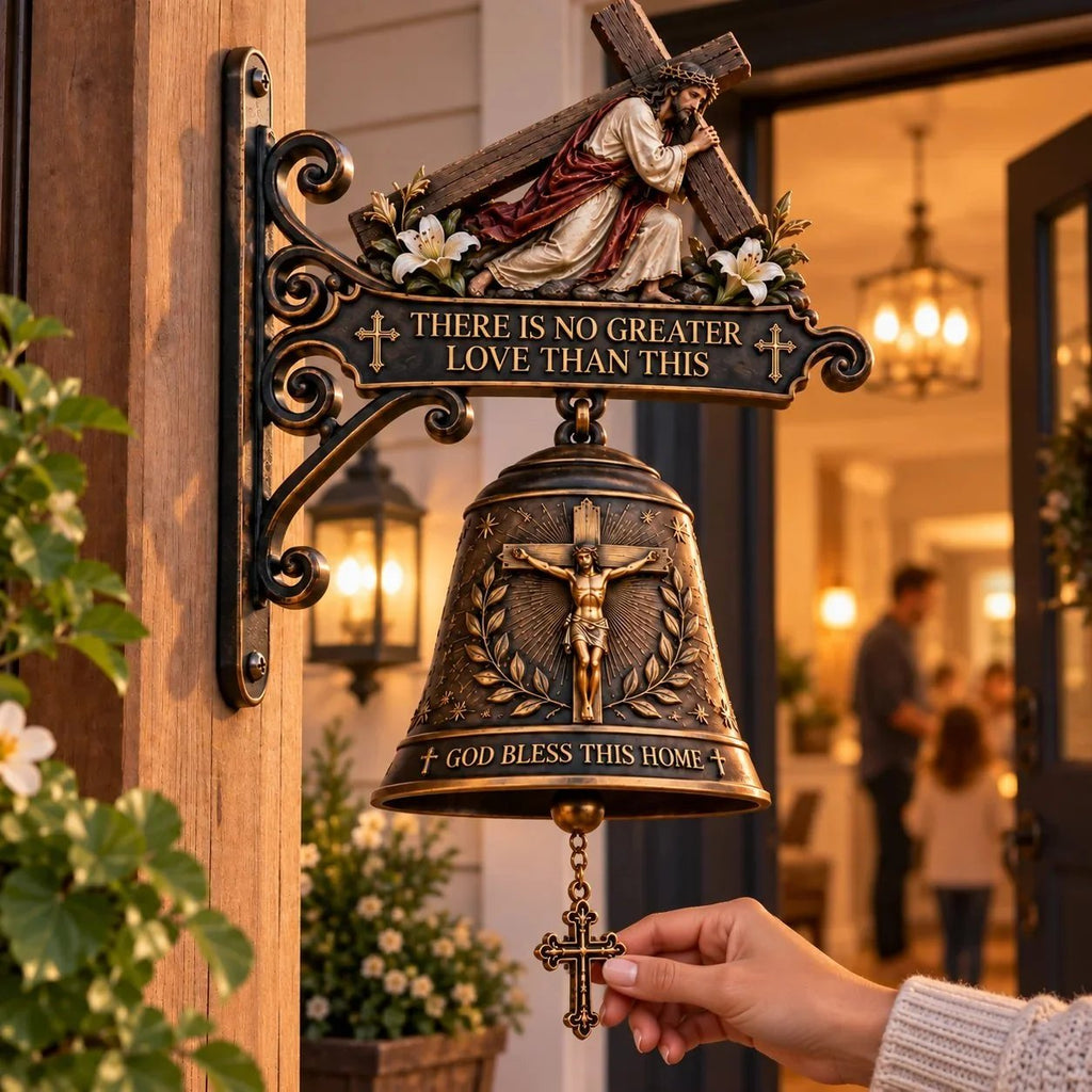 ✝️ Jesus Cross Christian Hanging Bell | God Bless This Home Rustic Faith-Inspired Door & Porch Decor