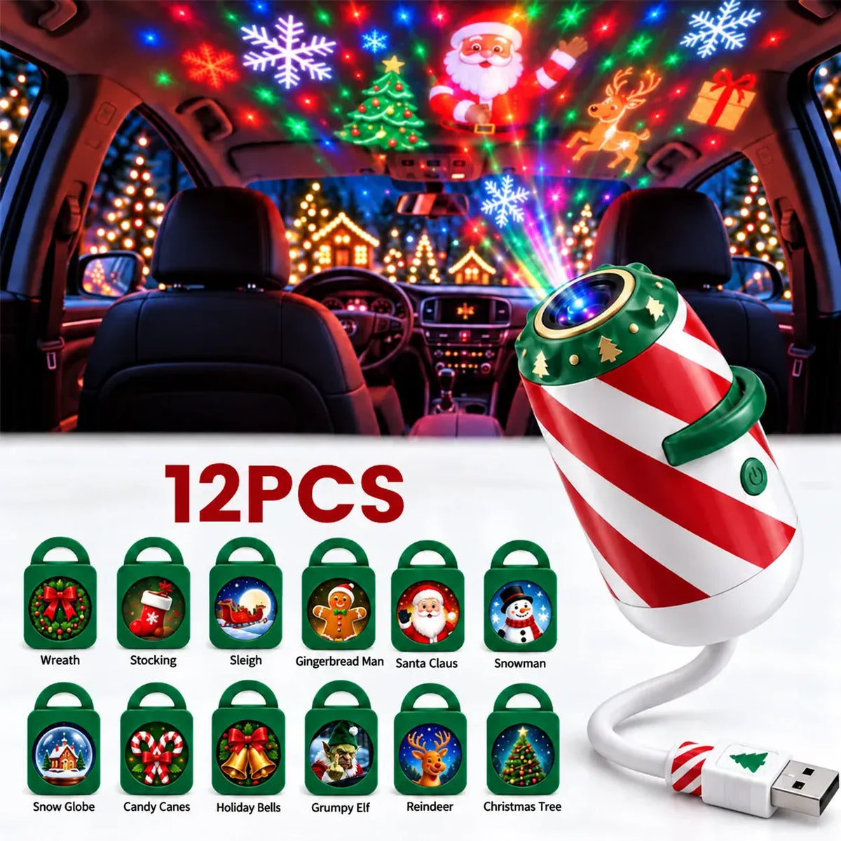 🎄 Merry Ride Christmas Car Projector Light – 24 Festive Slides